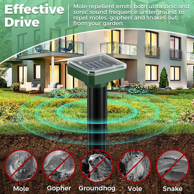 Mole Repellent Solar Powered 10 Pack, Ultrasonic Gopher Deterrent Stakes for Lawn & Garden, IP44 Waterproof Sonic Spike for Snake Vole Groundhog Chipmunk, Outdoor Pest Control for Yard Coverage