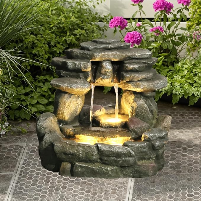 Bumilgar 15.6" H Small Garden Outdoor Rock Water Fountain with LED Lights, 3-Tier Cascading Waterfall Fountain for Patio, Porch, Backyard & Indoor Home Decor