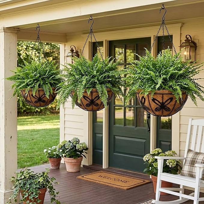 3 Pack Hanging Baskets for Plants Outdoor 12 Inch Butterfly Metal Hanging Planters with Coco Coir Liner, Round Hanging Flower Basket for Home Garden Patio Balcony Porch