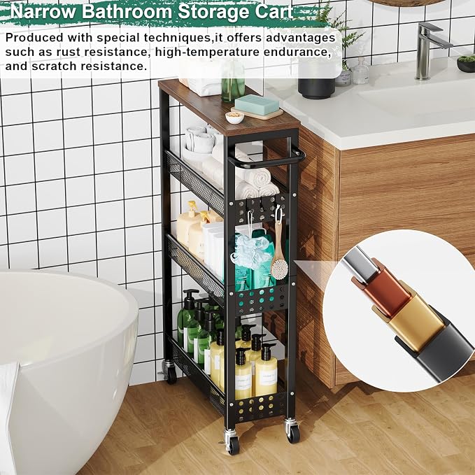Laundry Room Slim Rolling Cart with Wheels for Between Washer and Dryer Gap | Utility Slim Storage Cart with Table Top, Small Laundry Organizers and Storage Shelves, Thin Shelf for Narrow Spaces, 4 Tier