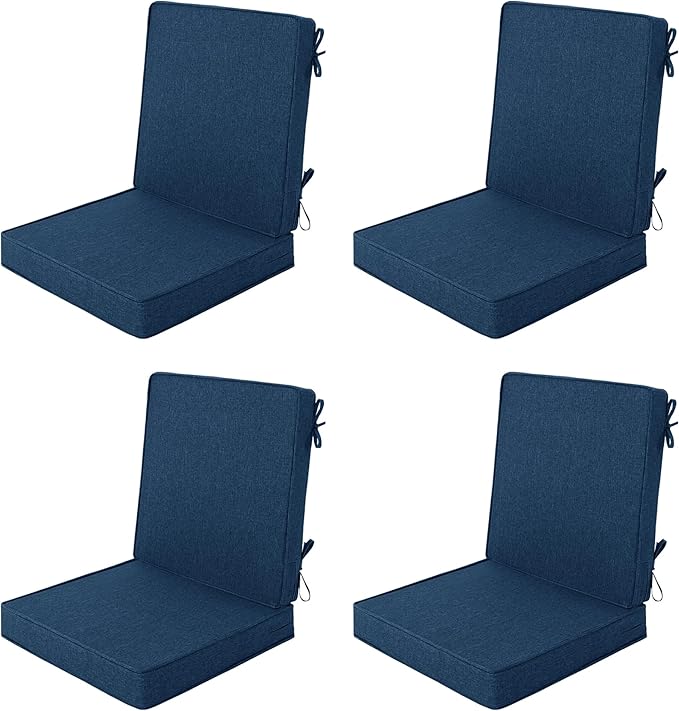 Outdoor Chair Cushions, Water-Resistant & Fade-Resistant, Patio Furniture Lawn Dining Chair Seat Replacement with Mid Back, Ties Zipper, Removable Cover, 18 x 16.5 Inch, Set of 4, Navy Blue