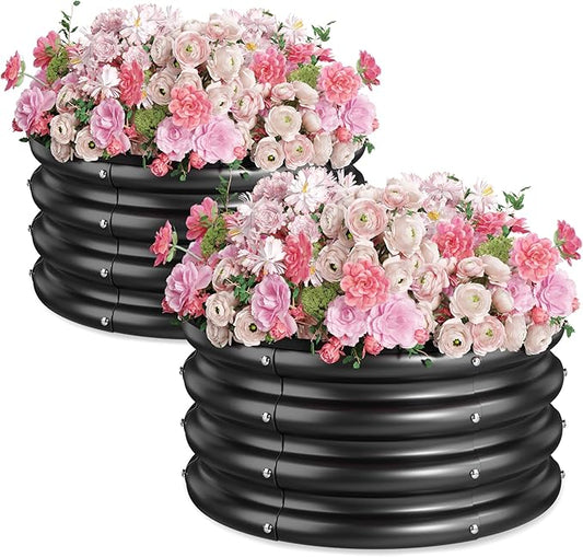 2 x 2 x 1 ft Round Raised Garden Bed, Black 2 Pack 0.6 mm Thick Galvanized Steel Planter Box with Double Layer Paint and Safety Edge Trim for Vegetables Flowers Herbs Outdoor Garden