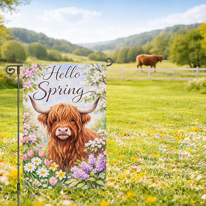 Heyfibro Hello Spring Highland Cow Garden Flag 12x18 Inch Double Sided Floral Farmhouse Yard Flag for Outside House Porch Seasonal Spring Outdoor Decorations