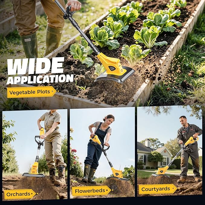 Cordless Tiller Cultivator Compatible with Dewalt 20V (No Battery), Tiller for Gardening 360RPM Electric Garden Tiller, Brushless Rototiller 9" Width 6.3" Depth for Lawn/Soil Cultivation, Yellow