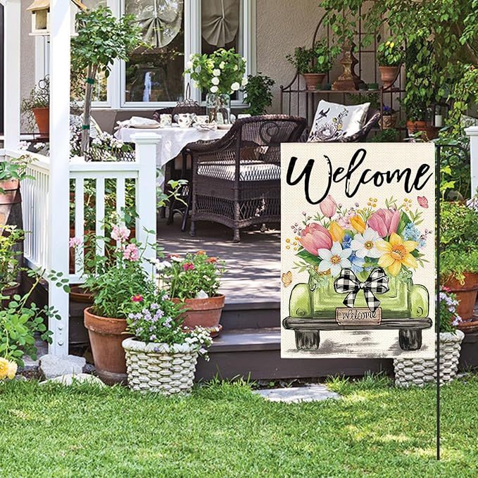 AVOIN colorlife Spring Tulip Garden Flag 12x18 Inch Double Sided Outside, Seasonal Flower Truck Rustic Yard Outdoor Flag