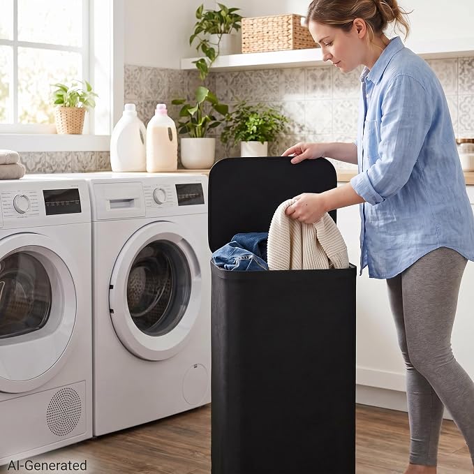 DOKEHOM 100L Laundry basket Hamper with Lid & Removable Mesh Bag, Black | Collapsible large clothes hamper, foldable laundry sorter bin with mesh inserts. Adjustment screws to keep fabric taut