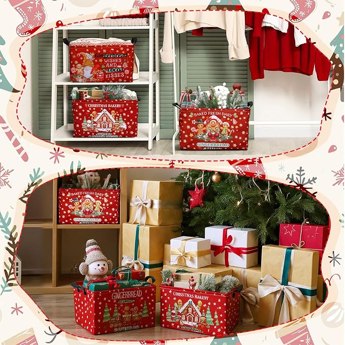 4 Pcs Gingerbread Man Christmas Basket Red Fabric Bins 15x10x8