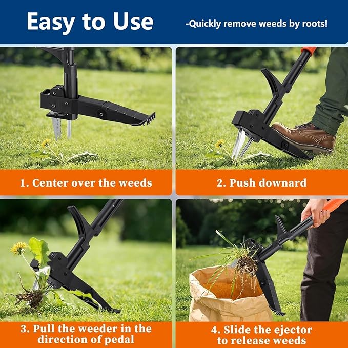 Stand Up Weed Puller with Quick-Release Ejector& Foot Pedal-Easily Remove Weeds Root Without Bending, Pulling or Kneeling! 41" Adjustable T-Handle, 4-Claw Steel Head Tool for Effortless Garden Weeding