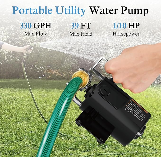 Water Transfer Pump With ON/OFF Switch, 120V Water Pump 330 GPH Utility Pump, 1/10 HP Electric Water Pump Rain Barrel Garden Hose Pump for Water Transferring from Ponds, Pools, Aquariums, Hot Tubs
