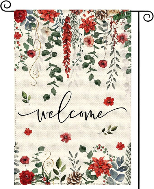 Christmas Red Poinsettia Welcome Garden Flag 12x18 Inch Double Sided, Xmas Berry Burlap Small Yard Flag Winter Floral Farmhouse Flags Seasonal Patio Outdoor Outside Decoration