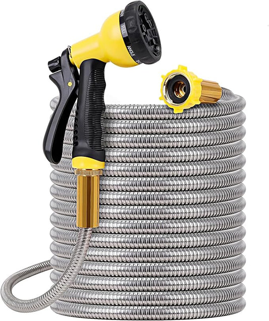 FOXEASE Metal Garden Hose 25FT- Stainless Steel Heavy Duty Water Hose with Solid Metal Nozzle &8 Function Sprayer, Portable & Lightweight Kink Free Yard Hose, Outdoor Hose