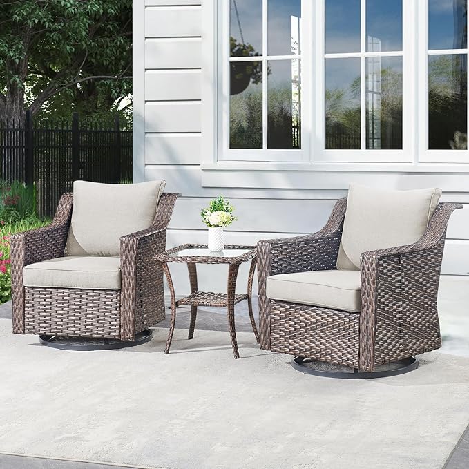 Outdoor Patio Table and Chairs Set - 3 Piece Outside Wicker Conversation Bistro Dining Furniture Sets with Rocking Swivel Chair and Glass Top End Tables for Front Porch Balcony Yard – Brown/Beige