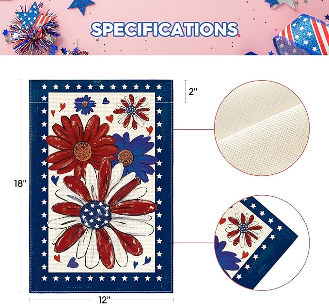 AVOIN colorlife 4th of July Patriotic Garden Flag 12x18 Inch Double Sided Outside, Memorial Day American Stars Floral Daisy Yard Outdoor Decoration