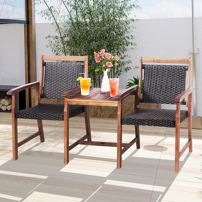 Tangkula Acacia Wood Garden Bench, Patiojoy Rattan Companion Loveseat Chair with Coffee Table and Parasol Hole, 2-Seater Outdoor Conversation Furniture Set for Backyard, Poolside, Balcony (Brown)
