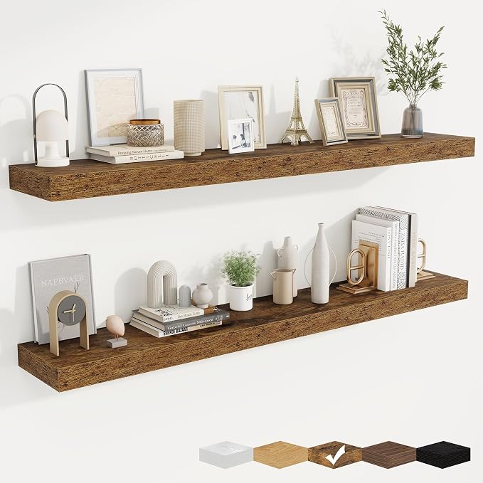 Floating Shelves for Wall, Wall Mounted Wood Shelves, Brown, Set of 2, 55in | Wood Floating Shelf with Invisible Brackets for Living Room, Bathroom, Bedroom, Kitchen, Hanging Shelf for Storage and Decor