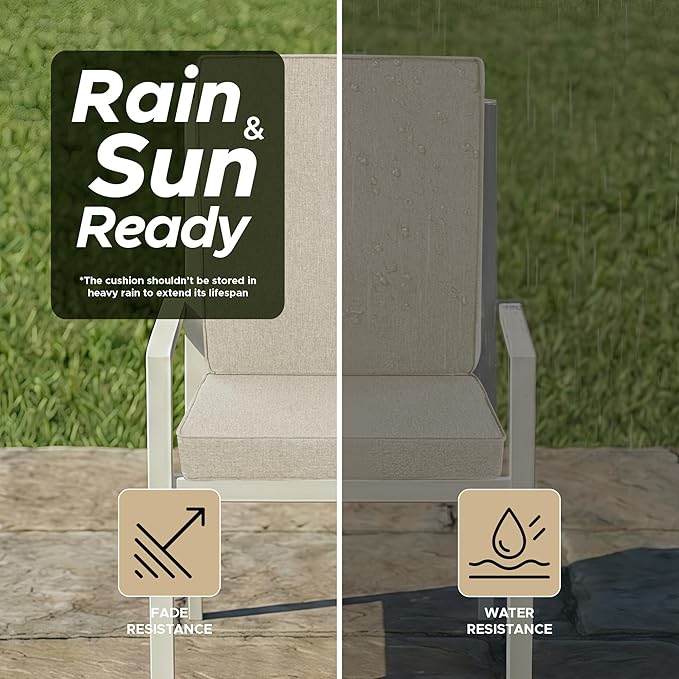 Outdoor Chair Cushions, Water-Resistant & Fade-Resistant, Patio Furniture Lawn Dining Chair Seat Replacement with Mid Back, Ties Zipper, Removable Cover, 18 x 16.5 Inch, Set of 1, Beige