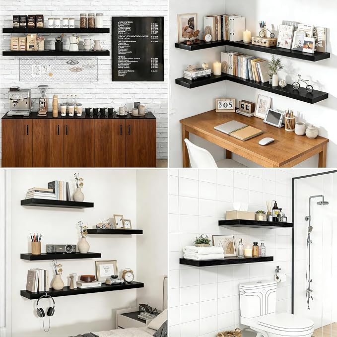 Solid Wood Floating Shelf, Wall Mounted Display Bookshelf for Bedroom, Bathroom, Kitchen, Living Room, Decor Wall,Set of 2 (Black, 15.75'W *9.25" D*1.57" H,Set of 2)