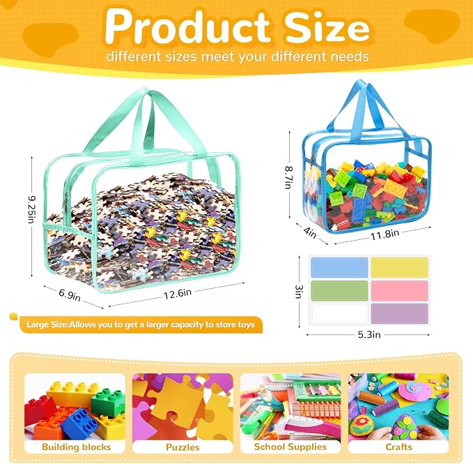 8 Packs 8 Colors Large Toy Storage Bags with Labels, Reusable Clear PVC Board Game Storage, Travel Waterproof Organizer Bags with Zipper for Building Blocks, Puzzle(4 large & 4 Extra Large)