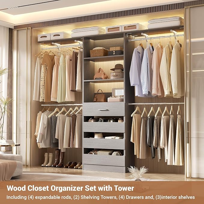Aheaplus Closet System with 4 Drawers, 8FT Wood Closet Organizer System