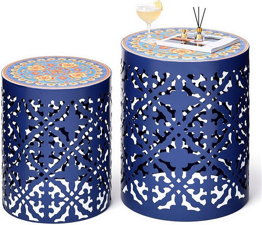 2-Pack Outdoor Side Table, Modern Decorative Coffee Table with Vintage Scroll Cut-Out Design, Heavy Duty Metal Mosaic Table with No Assembly, Industrial Round Garden Stool for Patio, Indoor