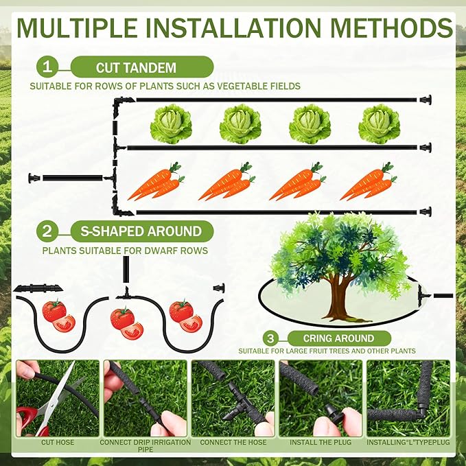 1/4 Inch Soaker Hose Irrigation Hose Drip Hose for Garden Heavy Duty Drip Irrigation Tubing with Hose Connector Set or Watering Planters Flower Vegetable Lawn Yard Landscaping, Black (200 ft)