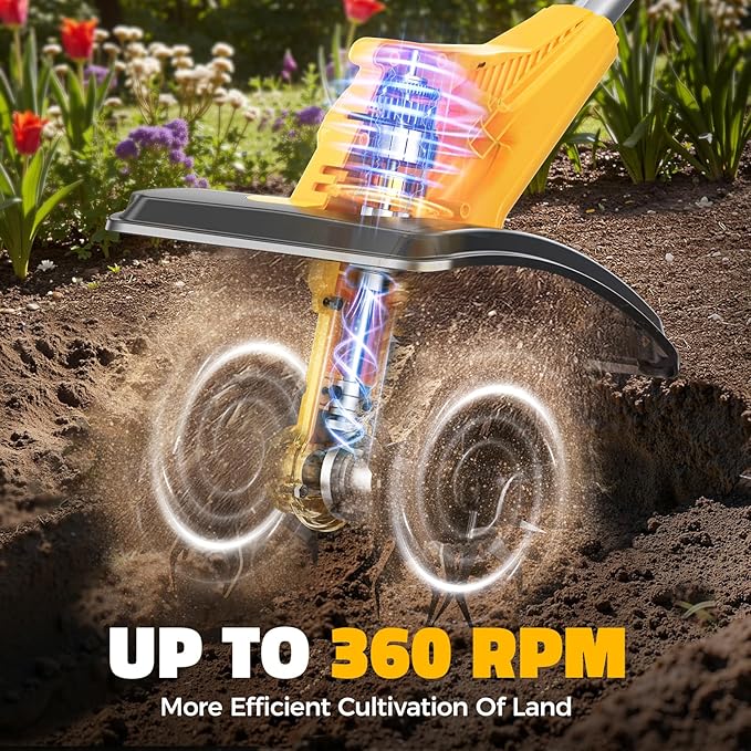 Cordless Tiller Cultivator Compatible with Dewalt 20V (No Battery), Tiller for Gardening 360RPM Electric Garden Tiller, Brushless Rototiller 9" Width 6.3" Depth for Lawn/Soil Cultivation, Yellow