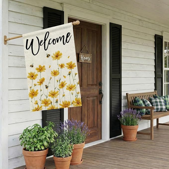 CROWNED BEAUTY Spring House Flag Yellow Wildflower Double Sided 28x40 Inches Large Burlap Welcome Holiday Seasonal Yard Decoration for Outside Porch