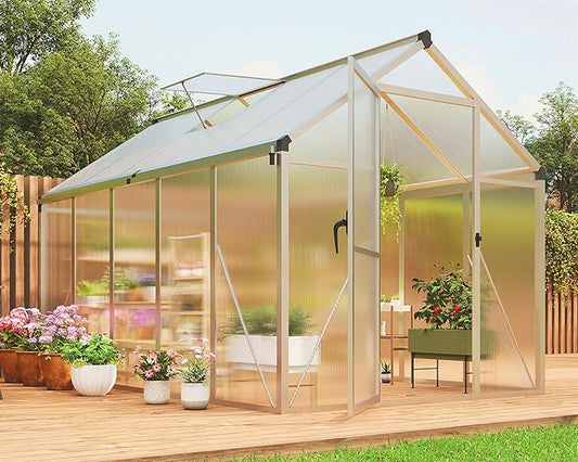 6X10 FT Greenhouse for Outdoors, Polycarbonate Greenhouse with Roof Vent, Ground Nails, Lockable Push Door, Aluminum Large Walk-in Green House for Outside Garden Backyard, Patio, Lawn, Silver