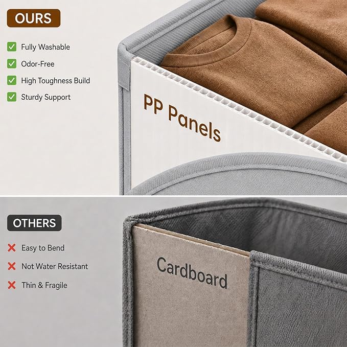 LayerSpace 3 Pack Fabric Storage Bins for Shelves | 14.75x10.25x8.25 in Storage Baskets | Fabric Closet Organizers with Handles Home Organization | Linen Clothes Storage Bins | Light Gray | Thickened Rigid PP Panels, Cotton-linen Shelf Baskets, Measure...
