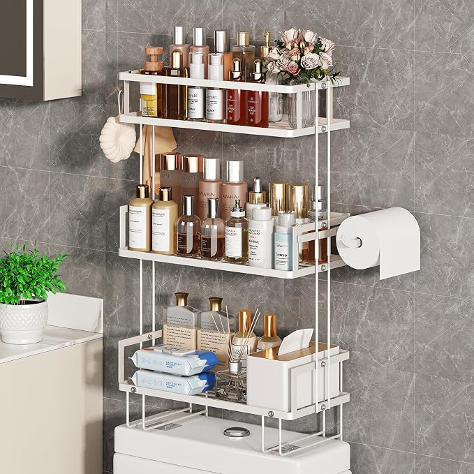 Godboat 3-Tier Over Toilet Storage Shelf, Wall-Mount with 2 Hook/Paper Rack