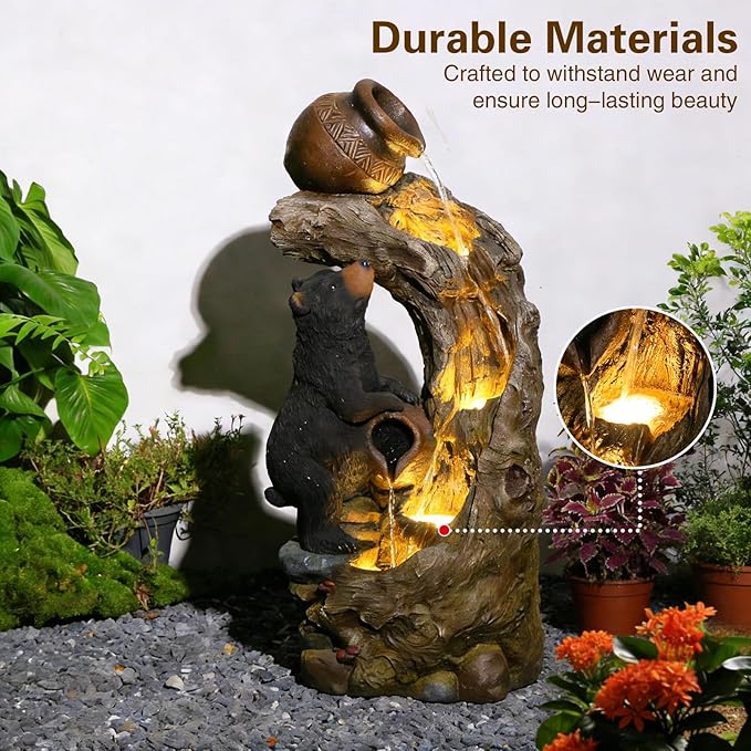 Sunlinua 34" H Decorative Bear Outdoor Water Fountain, Resin Water Fountain with LED Lights, Waterfall Fountains Indoor and Outdoor for Patio, Porch, Courtyard, Home Decor