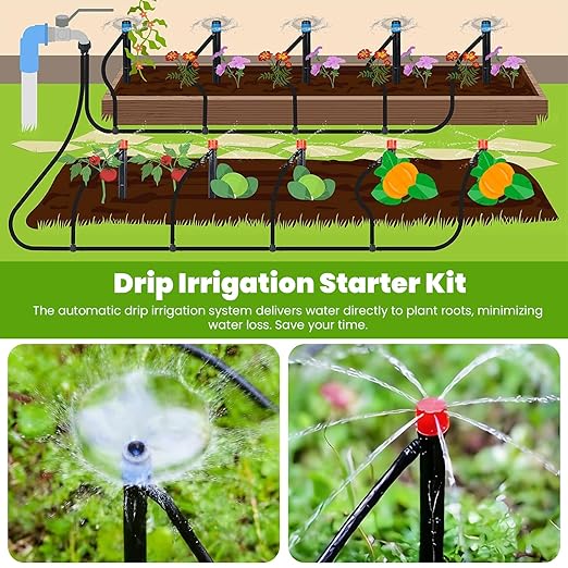 100FT Drip Irrigation Kit for Garden, Adjustable DIY Plant Watering System for Raised Beds & Greenhouse, 5/16" Main Tubing & 1/8" Micro Tubing Included