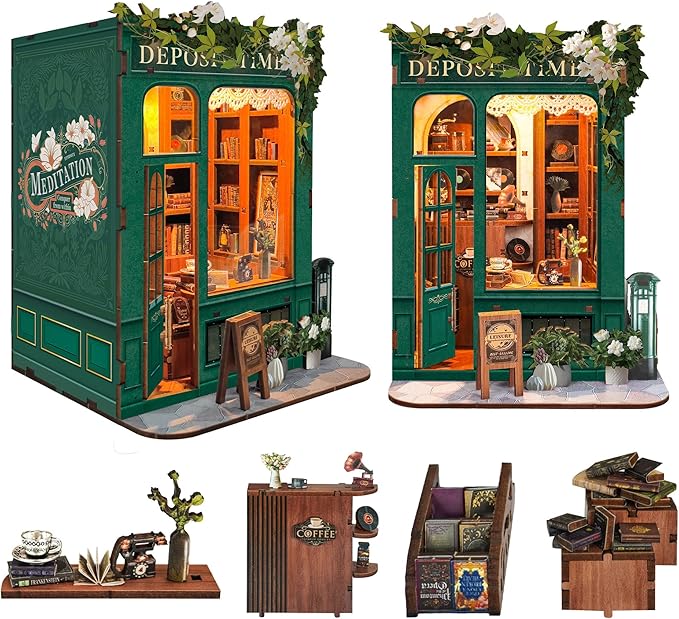 DIY Book Nook Kit, Miniature Bookshelf Decor with LED Lights, Laser-Cut Wooden Craft Set for Adults, Creative Gift for Christmas, Birthday, Leisure Time