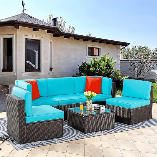 Vongrasig 6 Piece Patio Furniture Set, Small Outdoor Sectional Sofa Couch, All Weather PE Wicker L-Shaped Corner Patio Sofa Garden Backyard Patio Conversation Set w/Glass Table, Blue