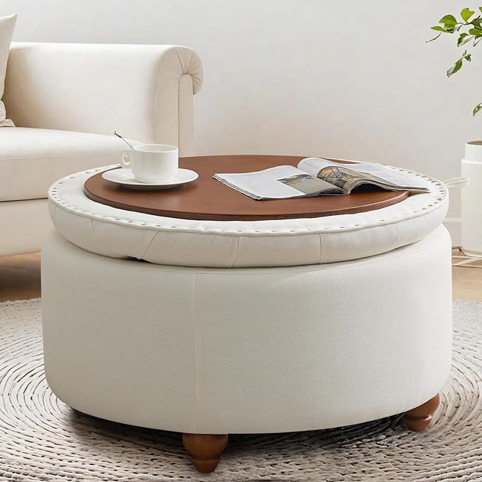 30'' Round Ottoman Coffee Table with Storage, Upholstered Tufted Ottoman with Flip Tray, Solid Wood Legs for Living Room, Bedroom, Beige