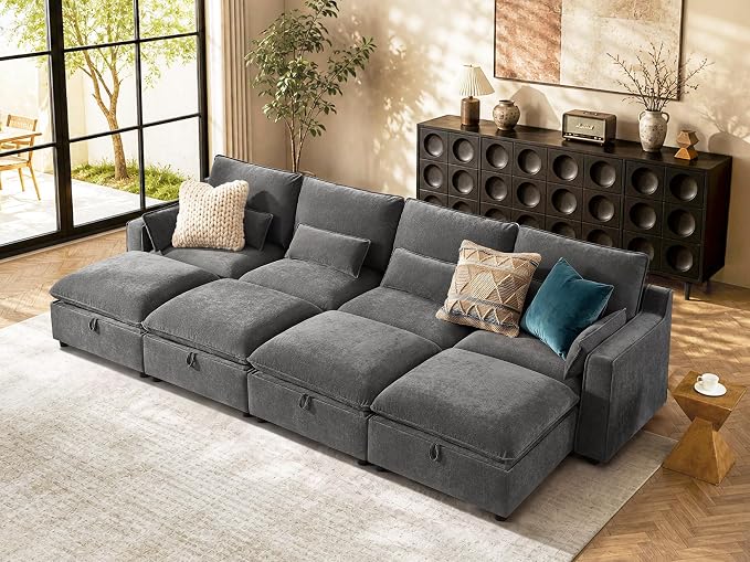 WorthFurni Modern Modular Sectional Sofa,134" Sleeper Sofa Bed Sectional Cloud Couch with Storage Ottoman,Comfty Sofa for Living Room,Grey Chenille