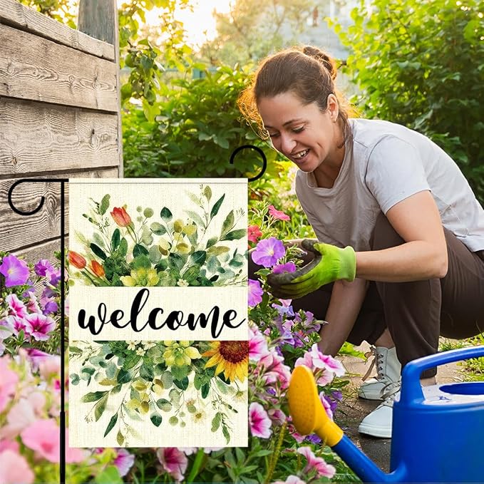Welcome Flags for Outside,Spring Eucalyptus Garden Flag for Yard Patio Lawn Decoration,12x18 Inch Double Sided