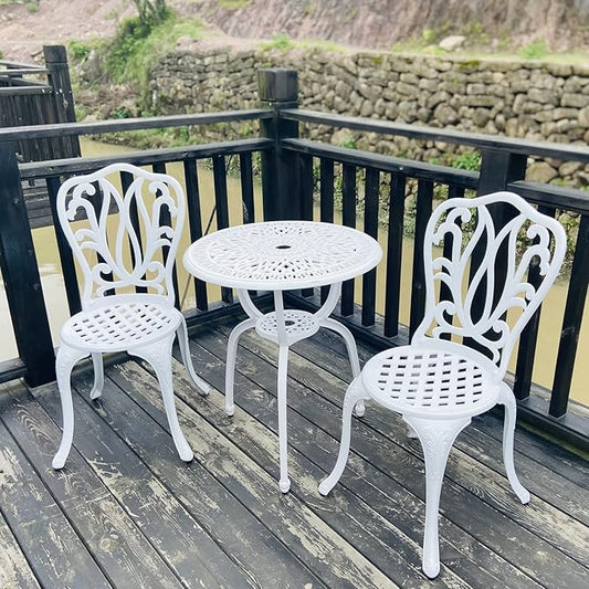 KAILI Patio Bistro Sets 3 Piece cast Aluminum Patio Furniture Outdoor Garden Metal Rust Proof Tables and Chairs White bisrto Set (Big Tulip-White)