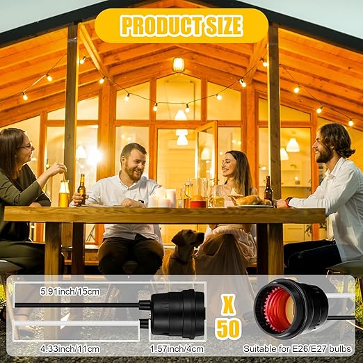 VIHOSE 50 Pcs Black Pigtail Lamp Holder Light Sockets E26/ E27 Fully Sealed Waterproof Lamp Sockets 250v Temporary Light Bulbs Holder with Wire Cord for Outdoor Garden Patio DIY Illumination