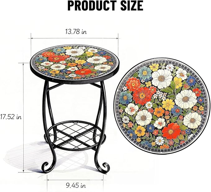 VINGLI Outdoor Side Table for Patio, Small Outdoor Table with Storage Shelf, Heavy Duty Metal Frame Patio Side Table for Outside Balcony Garden Porch