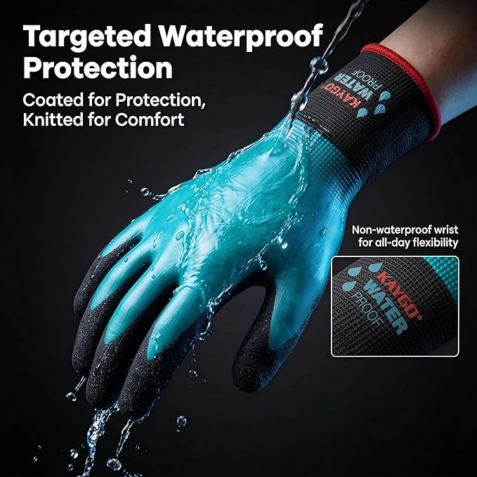 KAYGO Waterproof Work Gloves for Men and Women, Rubber Coated Non-slip Working Gloves for Garden, Outdoor Construction, KG150, Blue, M