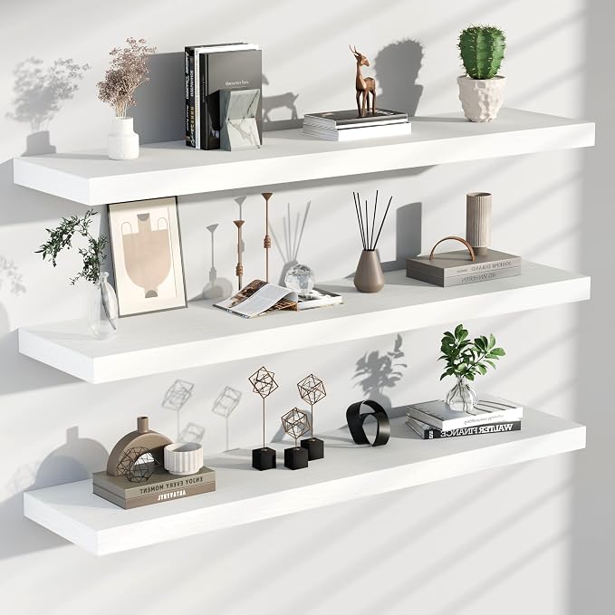 48 Inch Floating Shelves for Wall, Set of 3 | Wood Wall Mounted Shelves with Invisible Brackets, Rustic Farmhouse Long Shelf for Bedroom Living Room Kitchen (White)