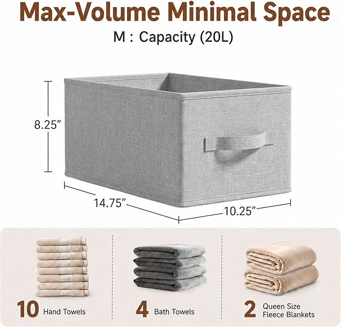 LayerSpace 3 Pack Fabric Storage Bins for Shelves | 14.75x10.25x8.25 in Storage Baskets | Fabric Closet Organizers with Handles Home Organization | Linen Clothes Storage Bins | Light Gray | Thickened Rigid PP Panels, Cotton-linen Shelf Baskets, Measure...