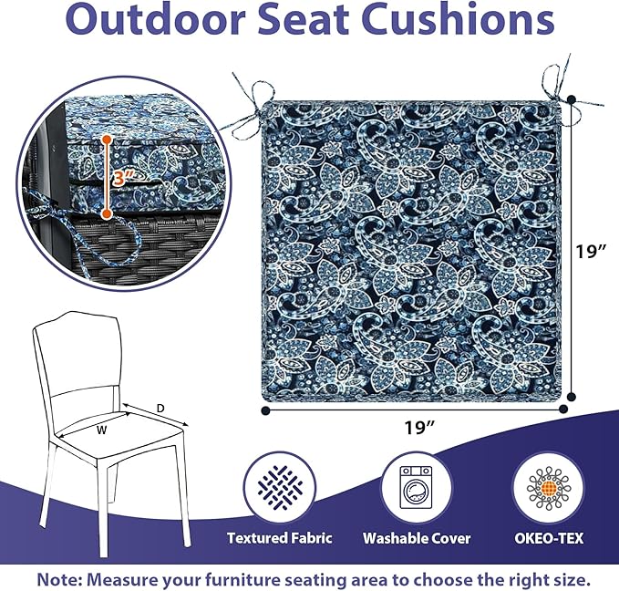 IPYNBAP Outdoor Chair Cushions Set of 4,Waterproof Outdoor Seat Cushions for Patio Furniture,Patio Chair Cushion with Handle and Ties, Out Door Chair Pads,19" x 19" x 3", Green Paisley