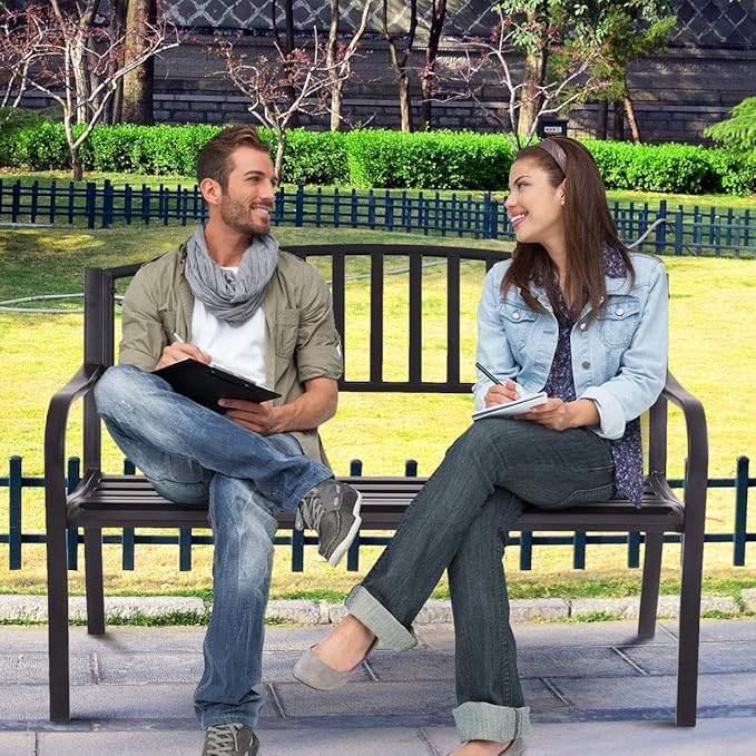 Tangkula 50 Inch Outdoor Steel Garden Bench Park Bench, Patio Chair Garden Bench with High Back & Rustproof Armrests, Ideal Bench for Lawn, Yard, Porch, Deck & Poolside