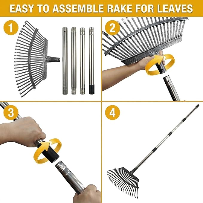 Garden Rake for Leaves, 20" Ultra Wide Heavy Duty Metal Leaf Rake, 40-68" Adjustable Long Handle Yard Rake with 25 Tines Head Women Kids Rakes for Lawns,Shrub,Grass,Pine Needles,Debris
