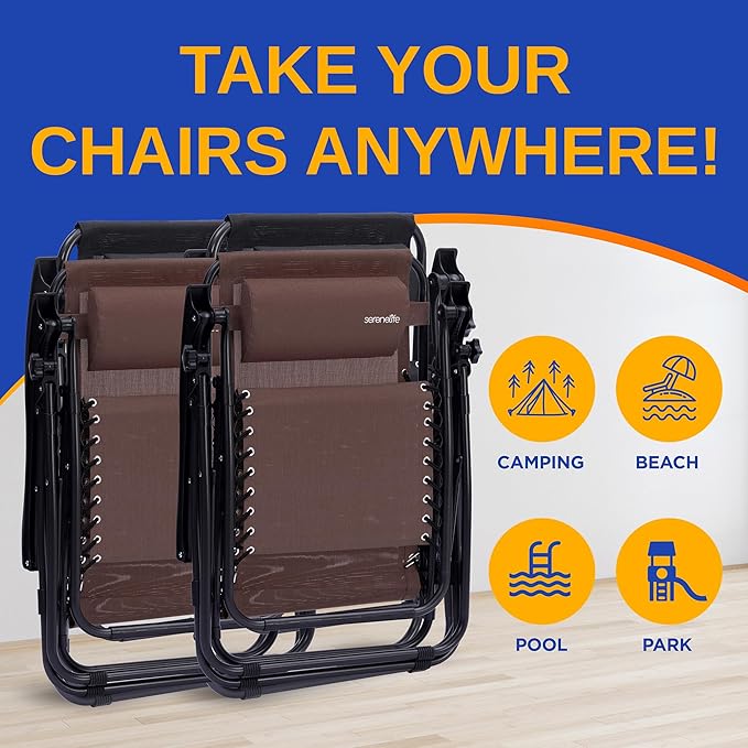 SereneLife Zero Gravity Lounge Chairs Set of 2, Adjustable Outdoor Recliners with Lockable Positions, Side Table Cup Holders, Padded Headrest Pillows, Foldable Steel Frame Patio Chairs (Brown)