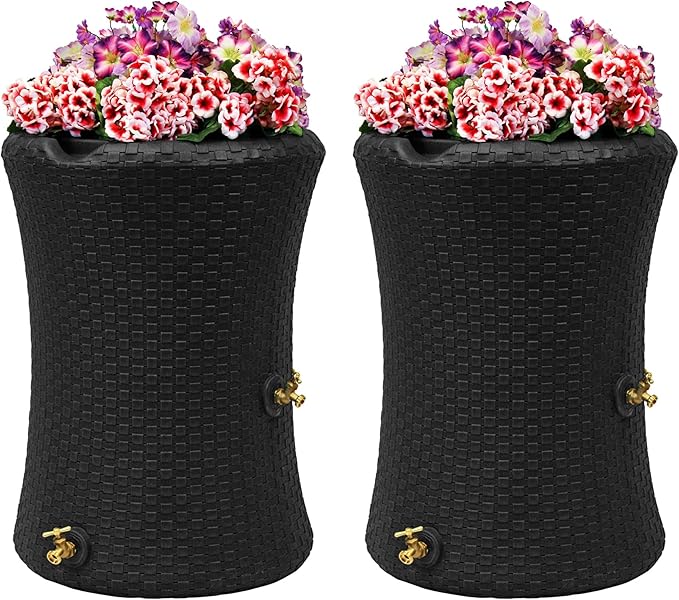 Good Ideas Impressions 50 Gallon Nantucket Outdoor Home Rain Barrel Water Storage Collector with Garden Planter and Brass Spigot, Black (2 Pack)