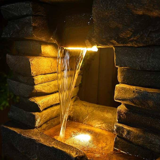Tankana 60 inches Large Outdoor Water Fountain Waterfall — Garden Rock Fountains 4-Tiered Waterfalls Outdoor with Lights Natural Stone Look Hollow Fountain for Patio Pool Porch Backyard, Stone Gray