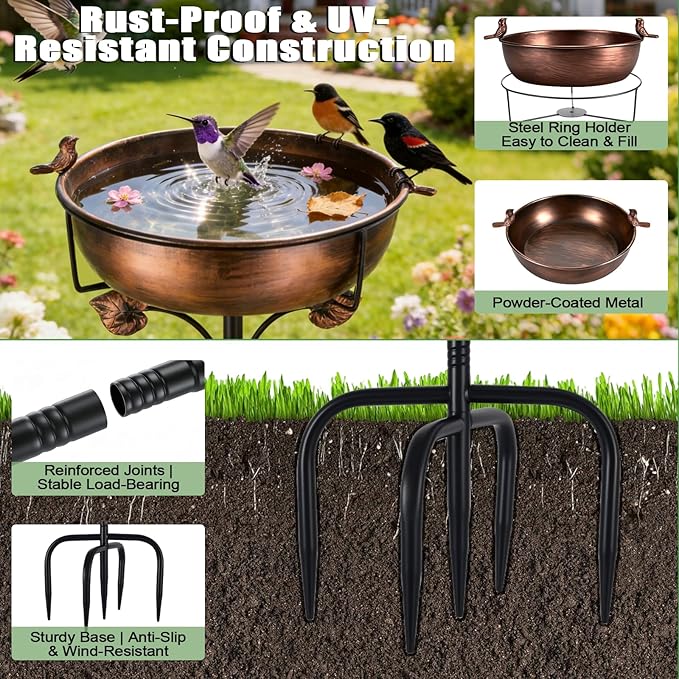 1.5 Gallon Metal Bird Bath for Outside, 38.18 Inch Vintage Freestanding Bird Bath with Upgraded 5 Pronged Base & Sturdy Metal Stake, Dual-Use Birdbath & Birdfeeder for Garden Patio Yard Lawn Decor